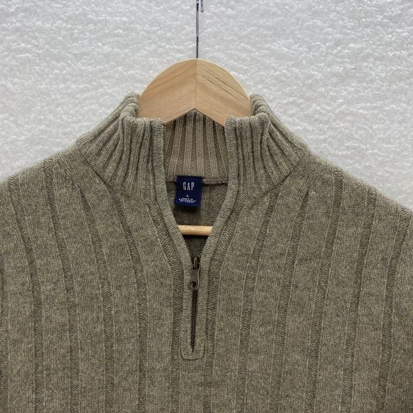 GAP Sweater Men's Large Beige VTG Lambswool Cable Knit Mock Neck 1/4 Zip Preppy - Picture 4 of 16